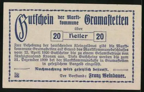 Notgeld Gramastetten 1920, 20 Heller, Stadtansicht und wandernder Pilger mit Spruchband