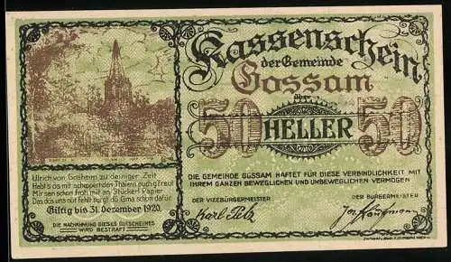 Notgeld Gossam 1920, 50 Heller, Gedicht und Landschaftsmotiv