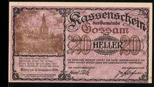 Notgeld Gossam 1920, 20 Heller, Stadtansicht mit Kirche und dekorativem Schriftzug