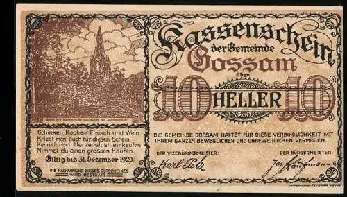 Notgeld Gossam 1920, 10 Heller, Kirche und Landschaftsmotiv