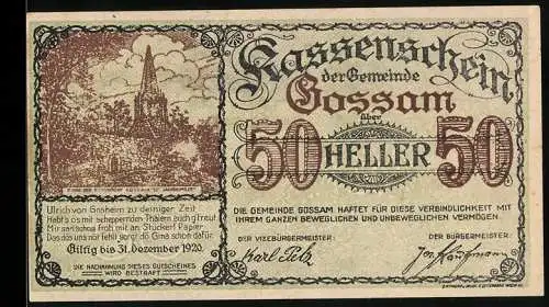 Notgeld Gossam 1920, 50 Heller, Kirche von Gossam, gültig bis 31. Dezember 1920