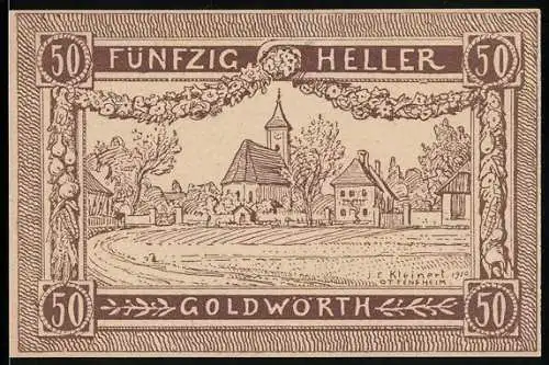 Notgeld Goldwörth 1920, 50 Heller, Landschaft mit Kirche und Dorfansicht