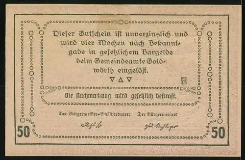 Notgeld Goldwörth 1920, 50 Heller, Landschaft mit Kirche und Dorfansicht