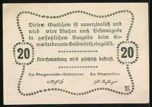 Notgeld Goldwörth, 20 Heller, Goldwäscherhaus und Frau mit Rechen