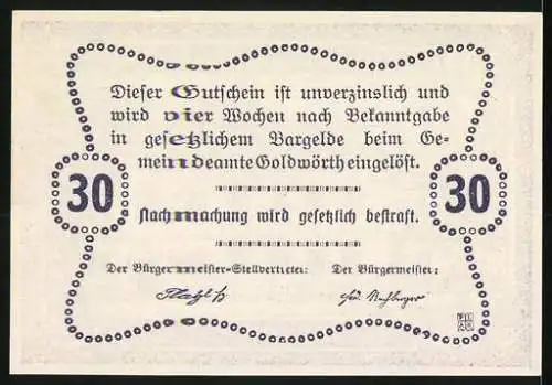 Notgeld Goldwörth, 30 Heller, Taverne Platzl mit Turm und Textgutschein