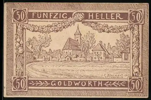 Notgeld Goldwörth 1920, 50 Heller, ländliche Dorfansicht mit Kirche und Gebäuden