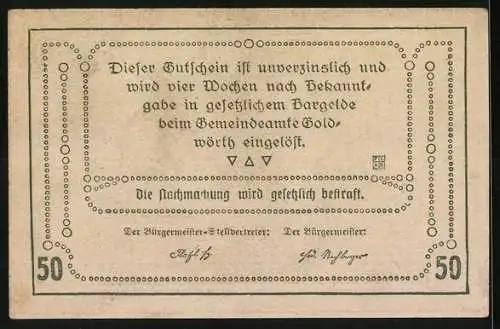 Notgeld Goldwörth 1920, 50 Heller, ländliche Dorfansicht mit Kirche und Gebäuden