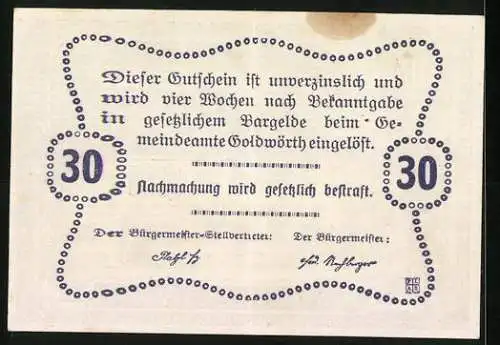 Notgeld Goldwörth, 30 Heller, Taverne Platzl mit Kirchturm-Motiv