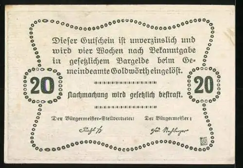 Notgeld Goldwörth, 20 Heller, Goldwäscherhaus und Frau mit Rechen, 800, ohne Jahresangabe