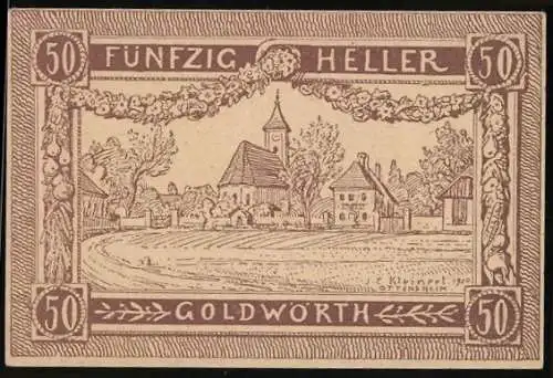 Notgeld Goldwörth 1920, 50 Heller, Dorflandschaft mit Kirche und Fachwerkhäusern