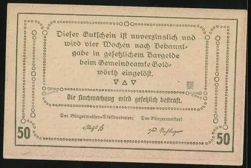 Notgeld Goldwörth 1920, 50 Heller, Dorflandschaft mit Kirche und Fachwerkhäusern