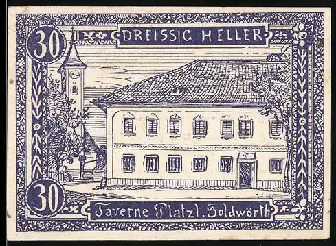 Notgeld Goldwörth, 30 Heller, Gebäude und Kirchturm im Detail