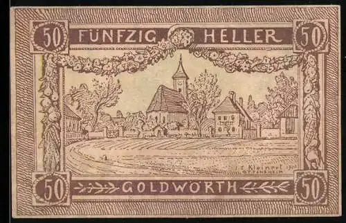 Notgeld Goldwörth 1920, 50 Heller, Dorfansicht mit Kirche und Fachwerkhäusern