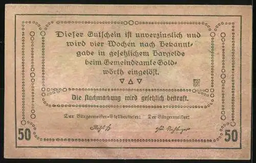 Notgeld Goldwörth 1920, 50 Heller, Dorfansicht mit Kirche und Fachwerkhäusern