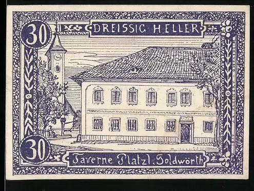 Notgeld Goldwörth, 30 Heller, Gebäude und Kirchturm im Detail