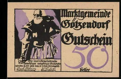 Notgeld Götzendorf, 50 Heller, Ritter in schwarzer Rüstung mit lila Hintergrund