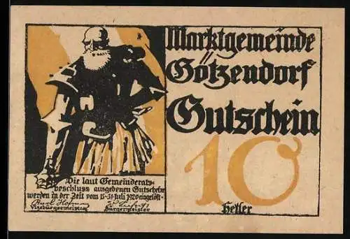 Notgeld Götzendorf, 10 Heller, Ritter mit Rüstung und Hellebarde