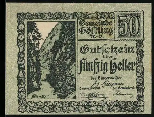 Notgeld Göstling, 50 Heller, Schluchtlandschaft und Spruch über Arbeit und Kriegsnot