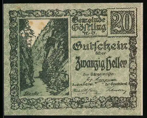 Notgeld Göstling, 20 Heller, Berglandschaft und Gedicht im Tal