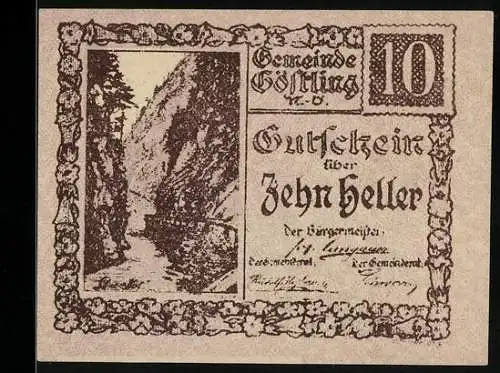 Notgeld Göstling, 10 Heller, Schluchtlandschaft und Spruchtext