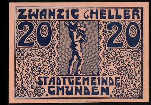 Notgeld Gmunden 1920, 20 Heller, Mann mit Holz auf Rücken, Wappen und Seriennummer