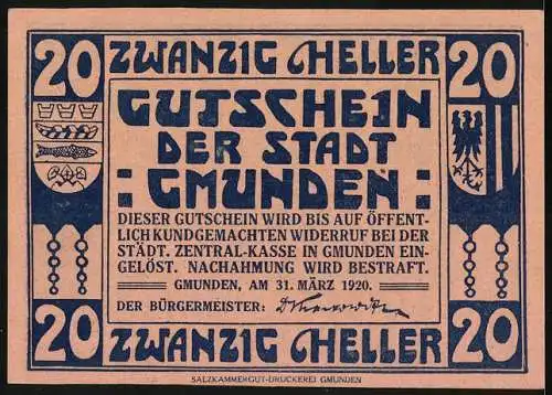 Notgeld Gmunden 1920, 20 Heller, Mann mit Holz auf Rücken, Wappen und Seriennummer