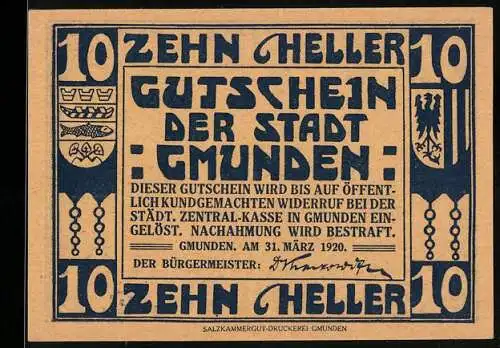 Notgeld Gmunden 1920, 10 Heller, Segelschiff und Wappen der Stadt Gmunden