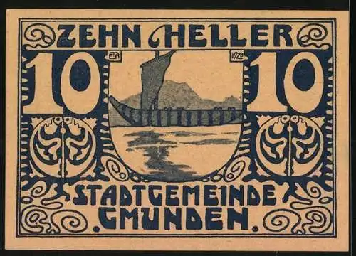 Notgeld Gmunden 1920, 10 Heller, Segelschiff und Wappen der Stadt Gmunden