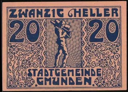 Notgeld Gmunden 1920, 20 Heller, Arbeiter mit Last, Wappen und Widmungstext