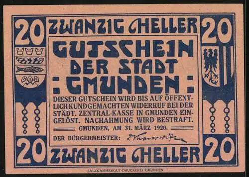 Notgeld Gmunden 1920, 20 Heller, Arbeiter mit Last, Wappen und Widmungstext