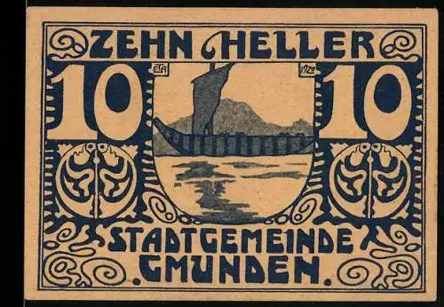 Notgeld Gmunden 1920, 10 Heller, Landschaft mit Segelboot, Stadtgutschein-Aufschrift