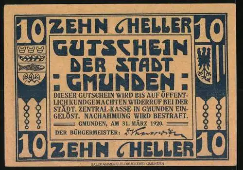 Notgeld Gmunden 1920, 10 Heller, Landschaft mit Segelboot, Stadtgutschein-Aufschrift