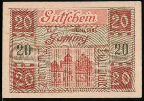 Notgeld Gaming 1920, 20 Heller, Gebäude und Landschaftsmotiv, Gemeindewappen und Unterschriften