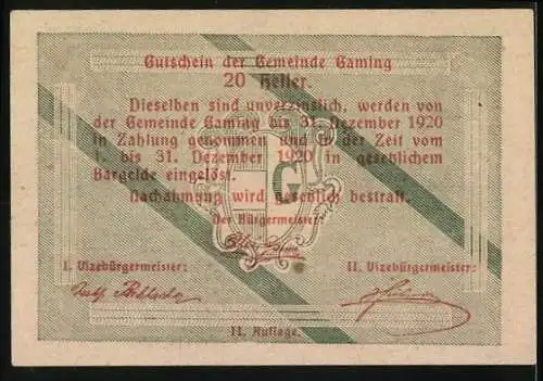 Notgeld Gaming 1920, 20 Heller, Gebäude und Landschaftsmotiv, Gemeindewappen und Unterschriften