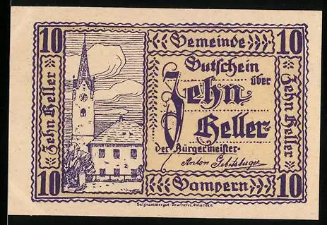 Notgeld Gampern 1920, 10 Heller, Kirchturm und Gebäude im Hintergrund