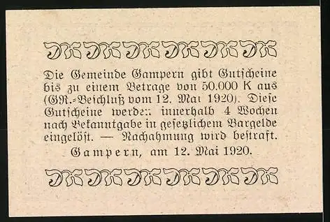 Notgeld Gampern 1920, 10 Heller, Kirchturm und Gebäude im Hintergrund