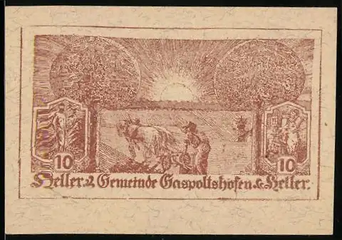 Notgeld Gaspoltshofen 1920, 10 Heller, Bauern bei Sonnenuntergang, mit Text über Ausgabe der Gutscheine