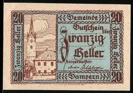 Notgeld Gampern 1920, 20 Heller, Kirche und Gebäudeabbildung