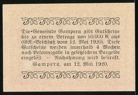 Notgeld Gampern 1920, 20 Heller, Kirche und Gebäudeabbildung