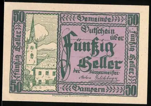 Notgeld Gampern 1920, 50 Heller, Kirchturm und Gebäudeansicht