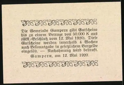 Notgeld Gampern 1920, 50 Heller, Kirchturm und Gebäudeansicht