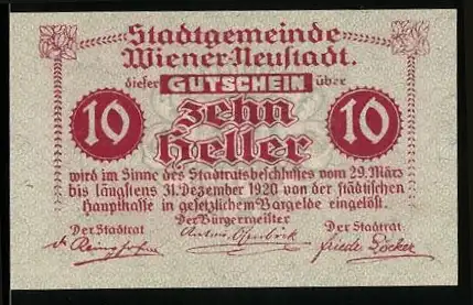 Notgeld Wiener Neustadt 1920, 10 Heller, Stadttürme und Stadtwappen, Seriennummer enthalten