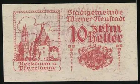 Notgeld Wiener Neustadt 1920, 10 Heller, Stadttürme und Stadtwappen, Seriennummer enthalten