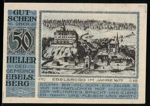 Notgeld Ebelsberg 1920, 50 Heller, Schloss und Kirche von Ebelsberg 1677, Wappen und Text über Not der Kriegszeit