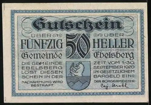 Notgeld Ebelsberg 1920, 50 Heller, Schloss und Kirche von Ebelsberg 1677, Wappen und Text über Not der Kriegszeit