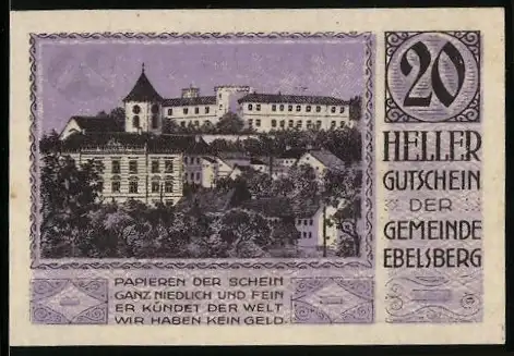 Notgeld Ebelsberg 1920, 20 Heller, Burgansicht und Gemeindewappen