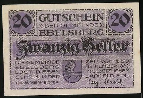 Notgeld Ebelsberg 1920, 20 Heller, Burgansicht und Gemeindewappen