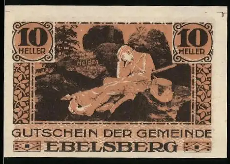 Notgeld Ebelsberg 1920, 10 Heller, Soldat auf dem Schlachtfeld, Wappen und Unterschrift des Bürgermeisters