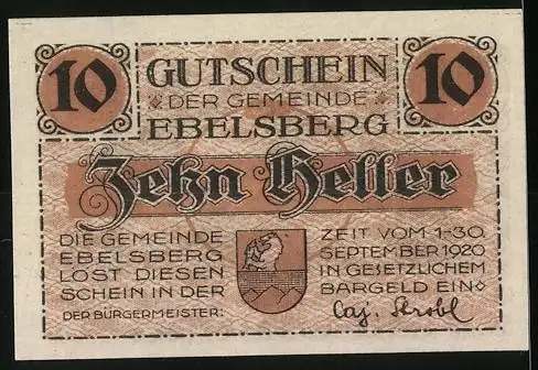 Notgeld Ebelsberg 1920, 10 Heller, Soldat auf dem Schlachtfeld, Wappen und Unterschrift des Bürgermeisters