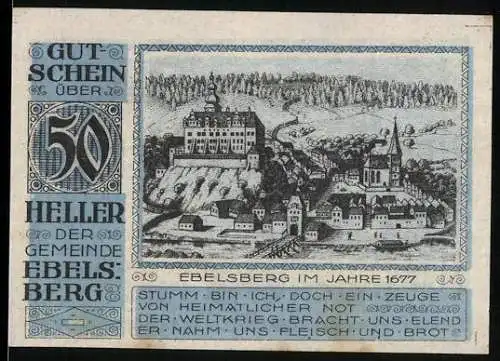 Notgeld Ebelsberg 1920, 50 Heller, Schloss und Stadtansicht 1677, Wappen und Text zur Ausgabezeit